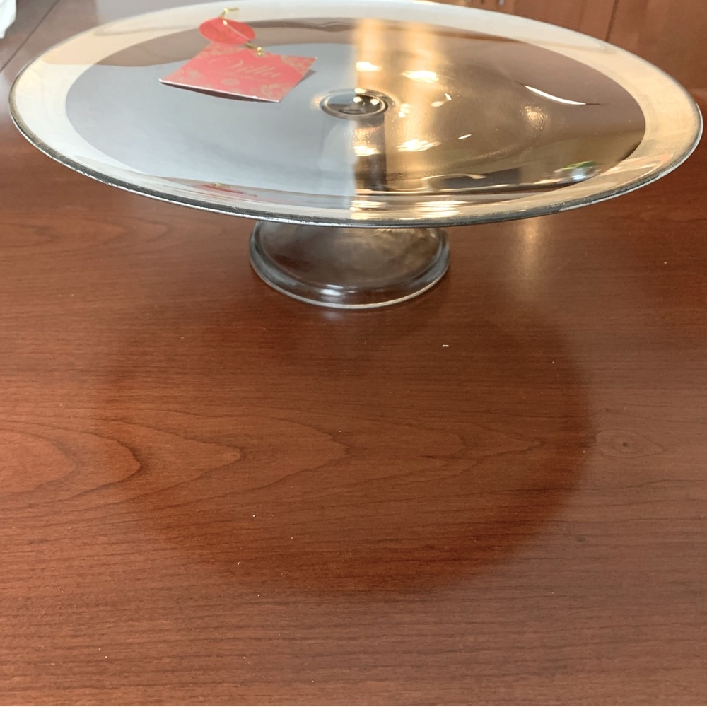 13” inches round clear glass cake stand with pedestal and shiny silver trim line